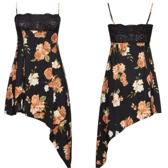 WeWoreWhat Asymmetrical Slip Lace Bodice Floral Print Sleeveless Mini Dress NEW - Picture 4 of 7